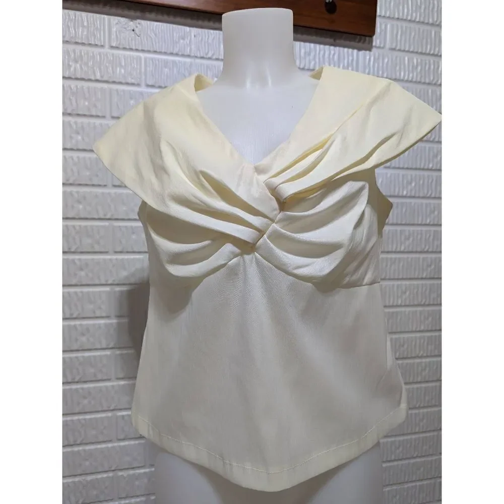 R And M Richards Vintage Women's Cream V-Neck Ruched Crossover Blouse Top Size P